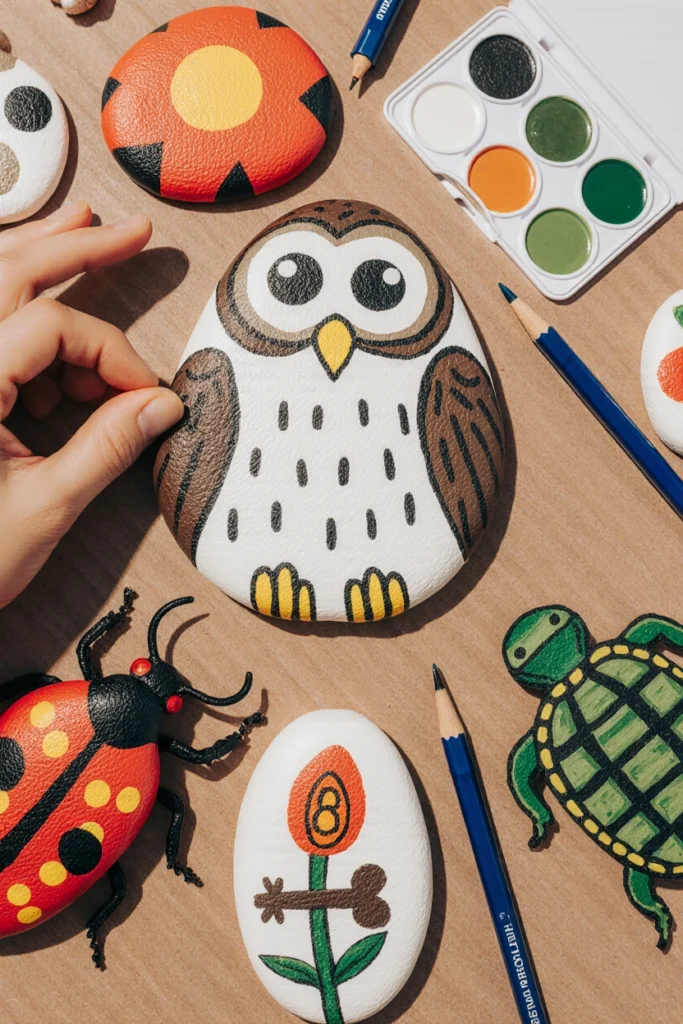 Galets peints représentant une chouette, une coccinelle, une tortue et une fleur, entourés de pinceaux et de peintures