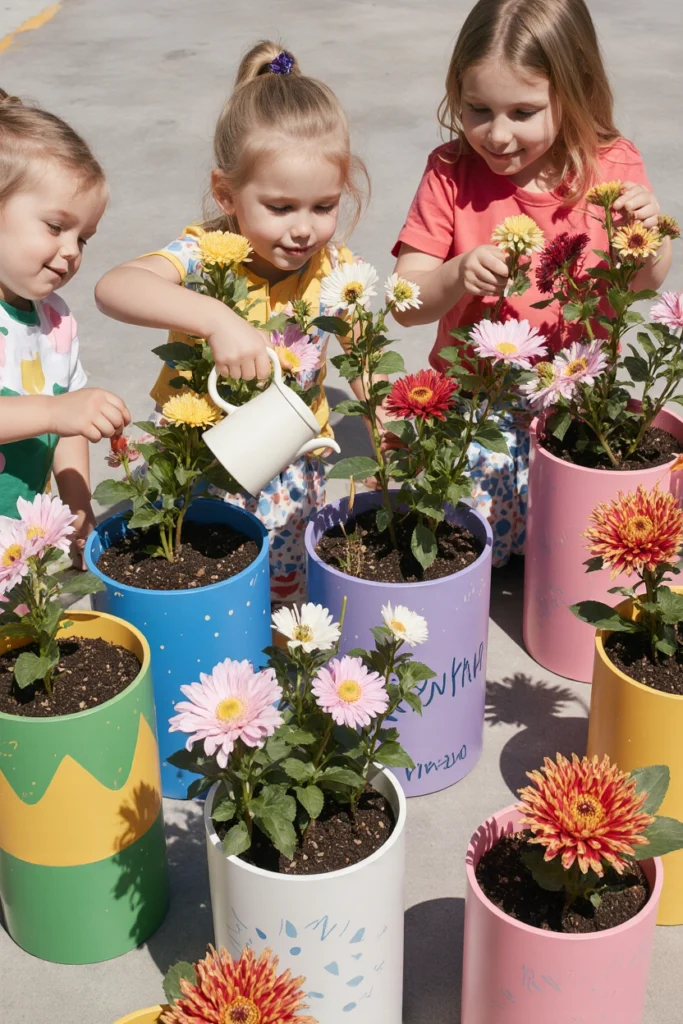 Trois enfants arrosant des marguerites et chrysanthèmes plantés dans des pots cylindriques peints de couleurs pastel et décorés de motifs géométriques.