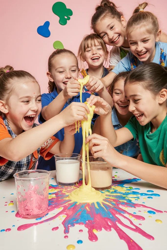 Groupe d’enfants riant autour d’une table en mélangeant un slime jaune visqueux, avec des éclaboussures de peinture rose et bleue tout autour.