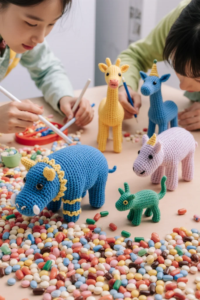 Petite collection d’animaux miniatures réalisés en perles multicolores enfilées sur un fil métallique, prêts à être transformés en porte-clés.