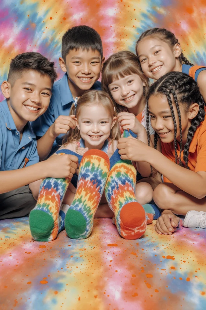 Paire de chaussettes blanches nouées en spirale, teintées de bandes rose, bleu et jaune, posées sur une table recouverte d’une nappe plastique.
