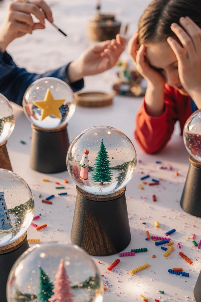 Bocal en verre renversé contenant une figurine de sapin et des paillettes blanches en suspension, retenu par un couvercle décoré de ruban argenté. 