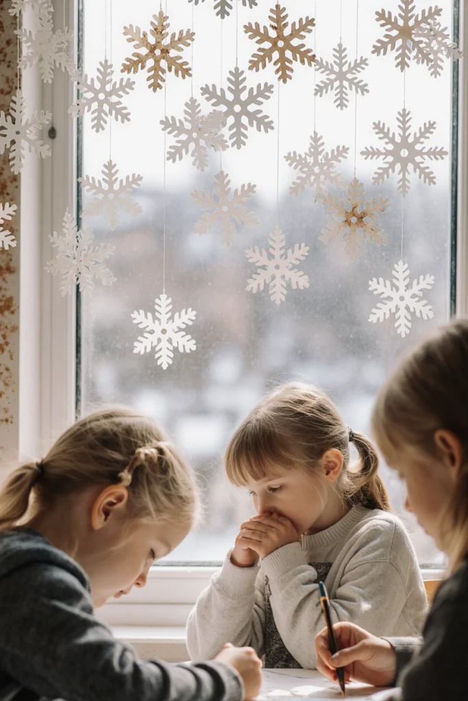 Plusieurs flocons de neige en papier blanc, découpés dans du papier et suspendus par un fil devant une fenêtre enneigée.