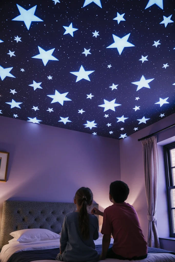 Plafond de chambre recouvert d’étoiles phosphorescentes de différentes tailles, illuminées dans l’obscurité pour créer un ciel étoilé. 