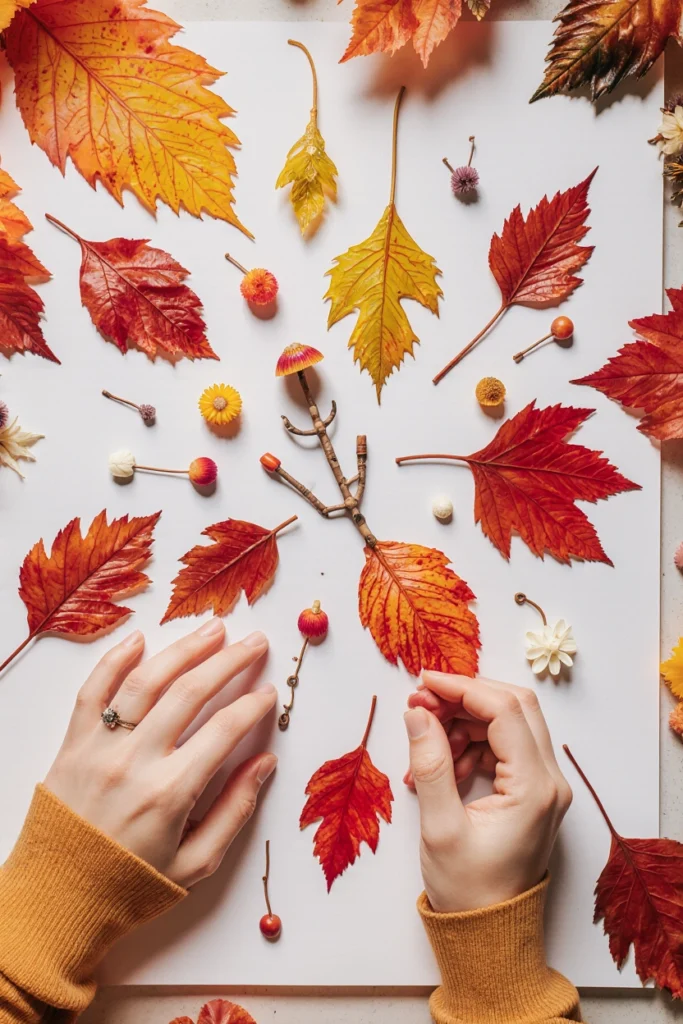 Mains disposant feuilles d’érable rouges et jaunes, fleurs séchées et brindilles sur une grande feuille blanche pour créer un collage nature d’automne.