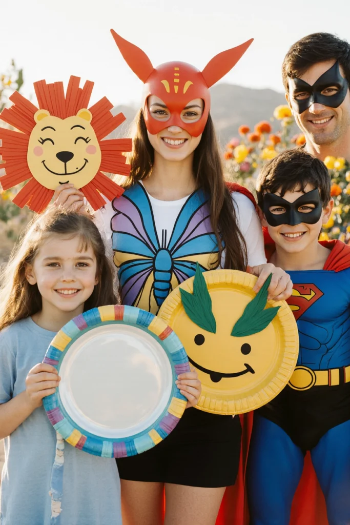Famille déguisée tenant des masques d’animaux et de super-héros réalisés avec des assiettes en carton peintes et décorées.