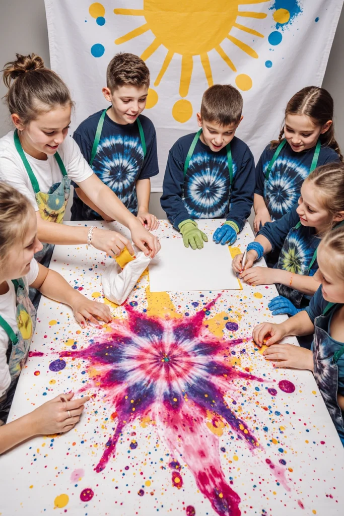 Enfant tenant un tee-shirt blanc partiellement teint en spirale multicolore lors d’un atelier tie-and-dye à la maison.
