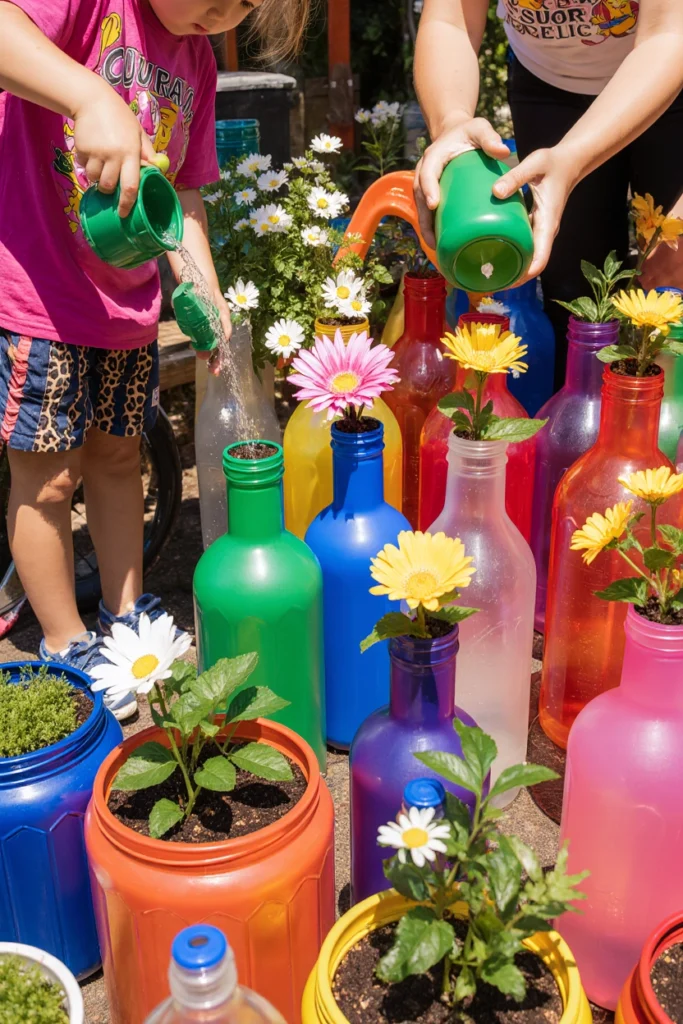 Enfants arrosant des fleurs et herbes plantées dans des bouteilles en plastique recyclées et peintes de couleurs vives.