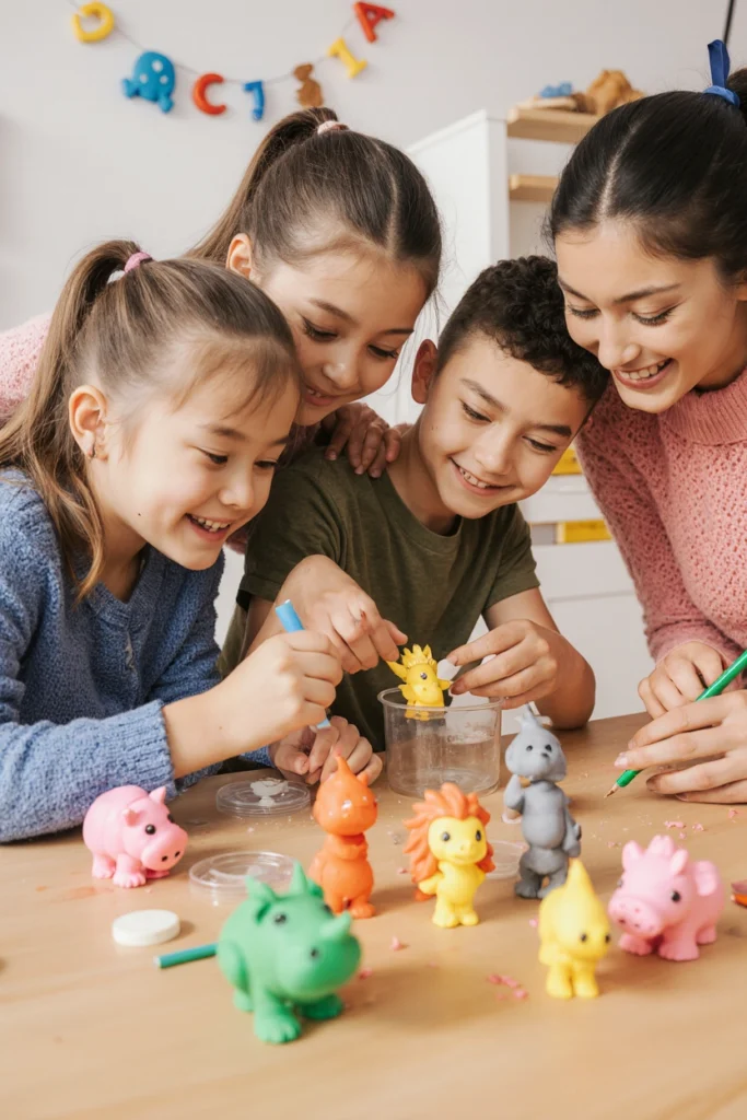 Enfants souriants modelant et peignant de petites figurines d’animaux colorés en argile autodurcissante autour d’une table.