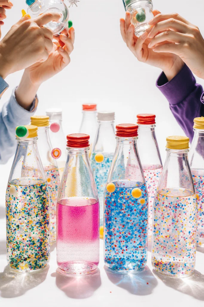 Rangée de bouteilles sensorielles remplies d’eau colorée, paillettes et perles, tenues par des enfants qui les secouent pour observer le tourbillon scintillant.