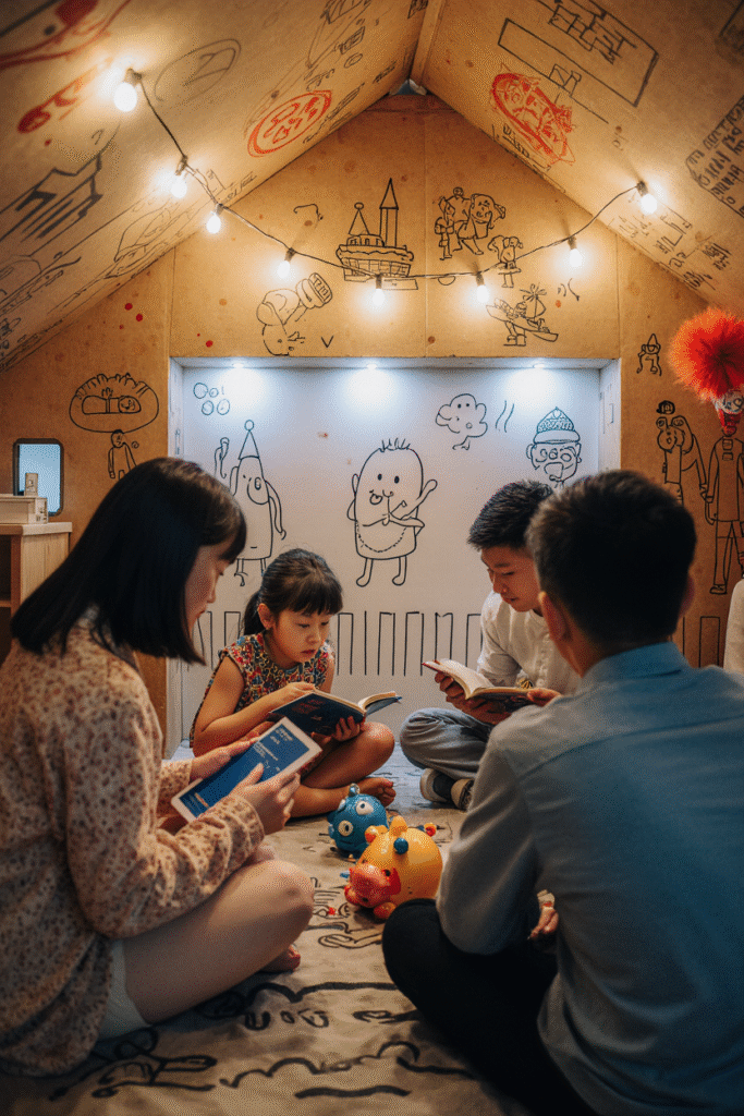Famille lisant des livres à l’intérieur d’un fort en carton décoré de dessins, éclairé par une guirlande lumineuse. 